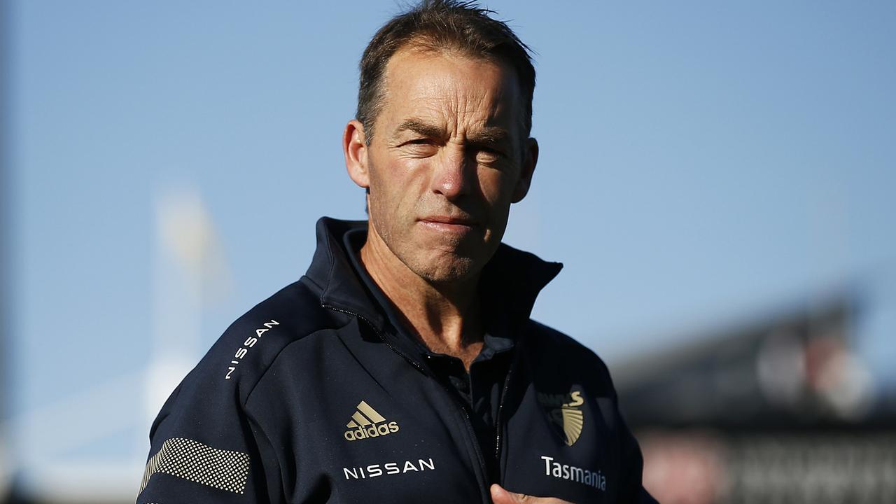 LAUNCESTON, AUSTRALIA – JULY 10: Hawks head coach Alastair Clarkson looks on before the round 17 AFL match between Hawthorn Hawks and Fremantle Dockers at University of Tasmania Stadium on July 10, 2021 in Launceston, Australia. (Photo by Daniel Pockett/AFL Photos/via Getty Images)