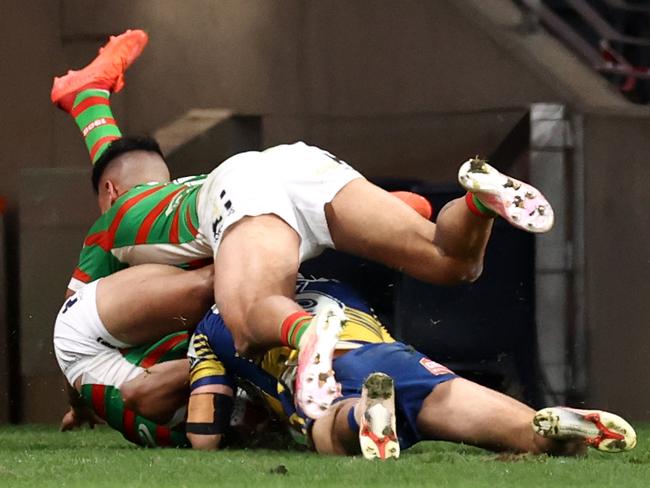 Latrell Mitchell’s legs awkwardly split in the tackle that ended his season