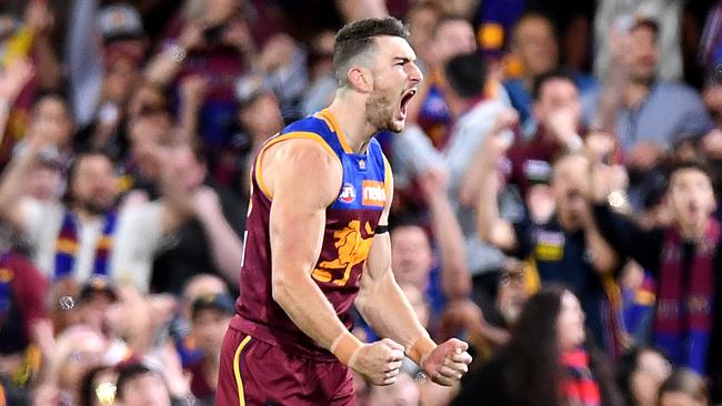 Daniel McStay of the Lions celebrates kicking a goal during the AFL 2nd Qualifying Final match between the Brisbane Lions and the Richmond Tigers at The Gabba on September 07, 2019 in Brisbane, Australia. (Photo by Bradley Kanaris/Getty Images)