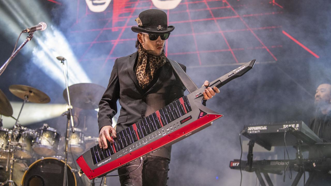 Matty Ray from Pseudo Echo plays keytar at the Toowoomba Carnival of Flowers Festival of Food and Wine. Saturday, September 10, 2022. Picture: Nev Madsen.