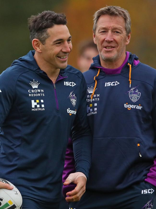 Melbourne coach Craig Bellamy, pictured with Billy Slater in 2018, has presided over a generation of success at the Storm. Picture: Getty Images