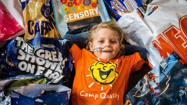 Knox, 5, road tests the showbags at the Wayville Showgrounds on August 18. Picture: Tom Huntley