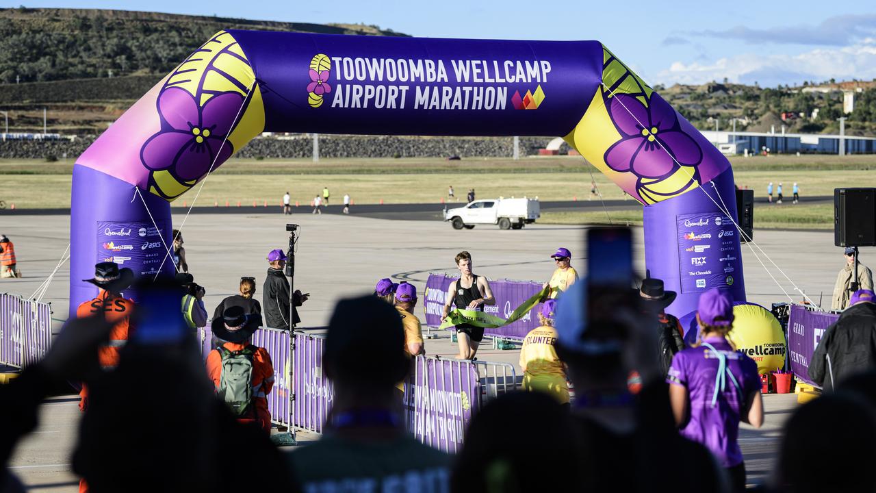 Connor Whittet wins the elite male Runway Mile of the Toowoomba Marathon events at Wellcamp Airport, Saturday, May 3, 2025. Picture: Kevin Farmer