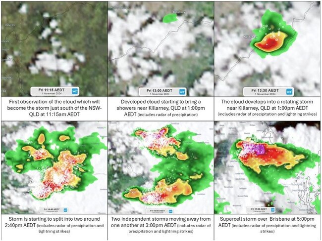 An evolution of the supercell storm over Brisbane on Friday. Picture: Weatherzone