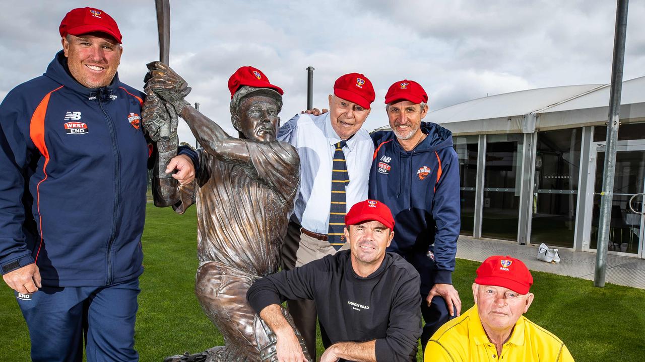 Mark Cosgrove (left) with the late Neil Dansie, Jason Gillespie, Greg Blewett and Peter Sleep with the new statue of Darren Lehmann at the Adelaide Oval. Picture: Tom Huntley