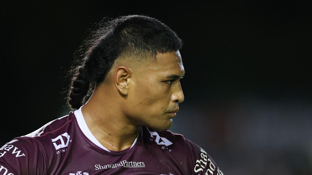 SYDNEY, AUSTRALIA - MARCH 16: Haumole Olakau'atu of the Sea Eagles looks on after scoring a try during the round three NRL match between Manly Sea Eagles and Parramatta Eels at 4 Pines Park on March 16, 2023 in Sydney, Australia. (Photo by Cameron Spencer/Getty Images)