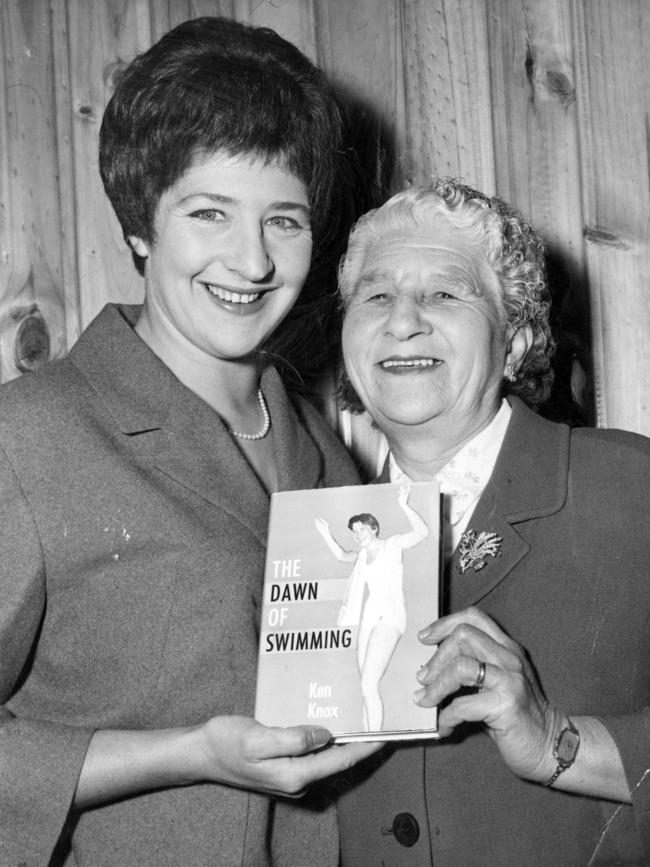 Dawn Fraser with her mother Rose in 1962, launching the book The Dawn of Swimming.