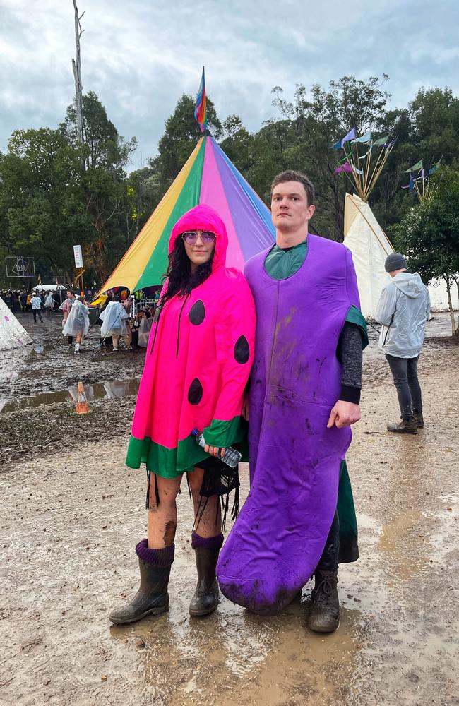 Jono and Simone’s outfits make about as much sense as this watermelon and eggplant being friends. Picture: news.com.au/James Weir