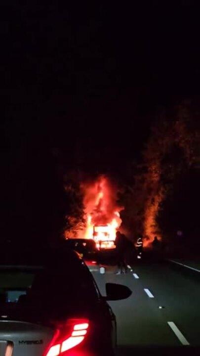 Road Closed as Bus Engulfed in Flames