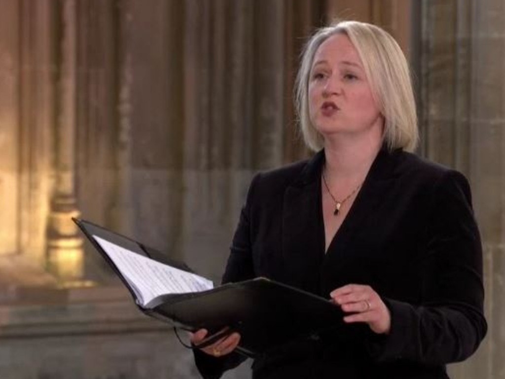 Australian soprano Miriam Allan sings the hymn, “Melita” at the funeral of Prince Philip. Picture: ABC News