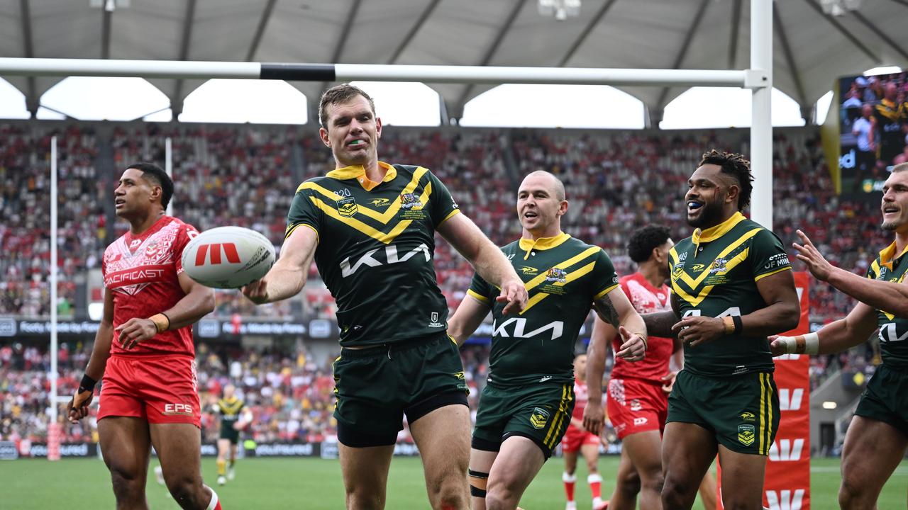 Tom Trbojevic scored two tries in Australia’s Pacific Cup final win over Tonga despite fears two months ago that he’d miss the tournament. Picture: NRL Photos