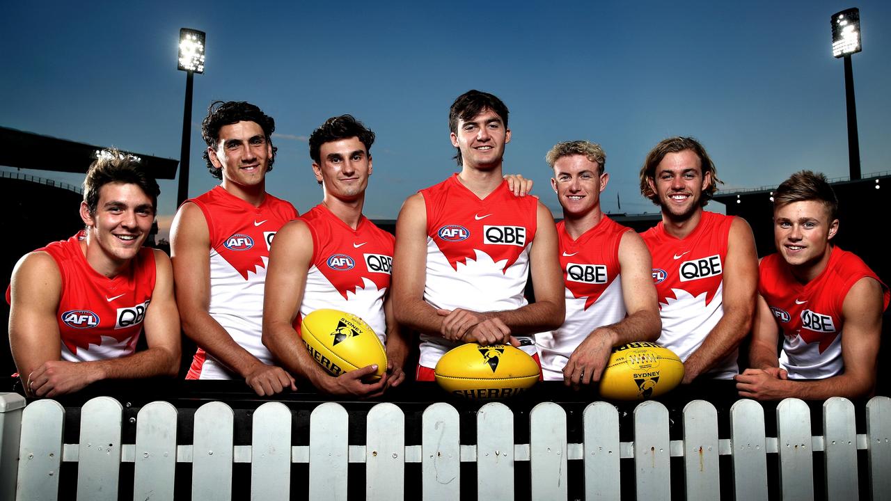 Young Swans Errol Gulden, Justin McInerney, Sam Wicks, Logan McDonald, Chad Warner, James Rowbottom and Braeden Campbell. Picture: Phil Hillyard/AFL