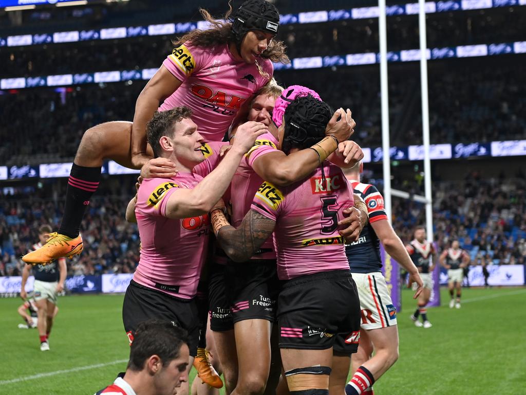 The Panthers celebrate a Brian To’o try against the Roosters in 2023. Picture: NRL Photos