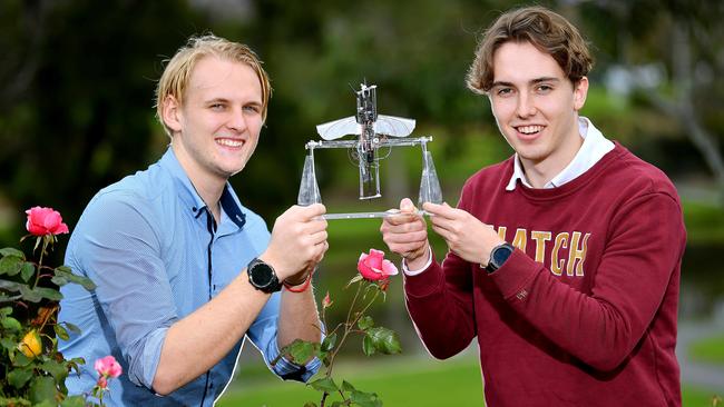 University of Adelaide mechanical engineering students, William Foster-Hall and James Cartwright with their prototype pollination drone. Picture: Mark Brake