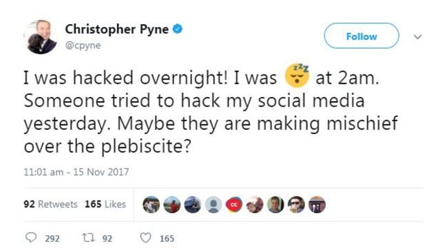 Mr Pyne said his account had been hacked, on the day of the same-sex marriage result.