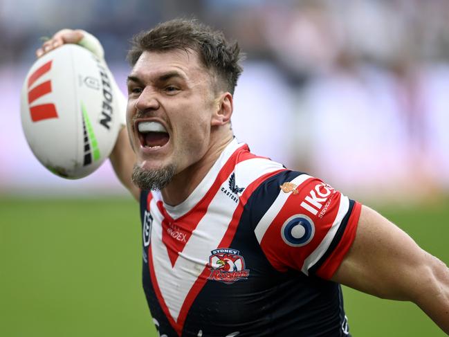 Angus Crichton celebrates a try for the Roosters. Picture: NRL Photos