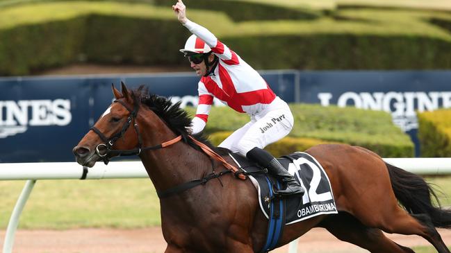 SYDNEY, AUSTRALIA - NOVEMBER 04: Joshua Parr riding Obamburumai wins Race 8 James Squire Golden Eagle during Sydney Racing at Rosehill Gardens on November 04, 2023 in Sydney, Australia. (Photo by Jason McCawley/Getty Images)