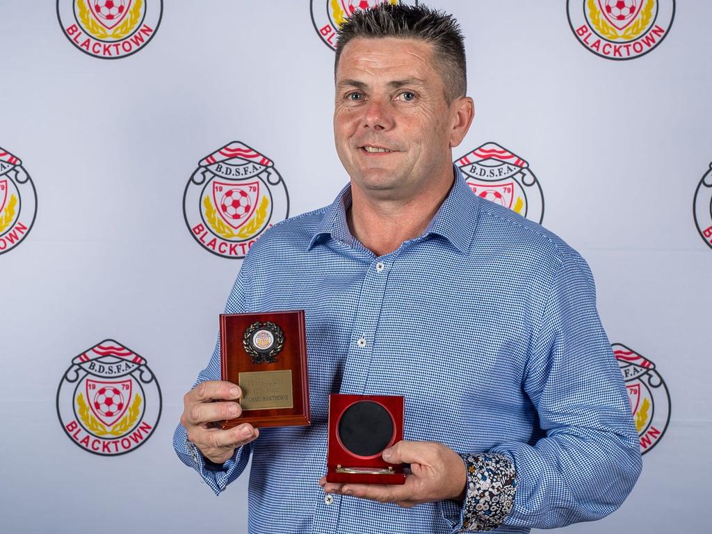 Michael Hawthorne claimed the BDSFA association’s award at Blacktown District Soccer Football Association's 40th anniversary dinner. Picture: Photosbyloopii/ George Loupis