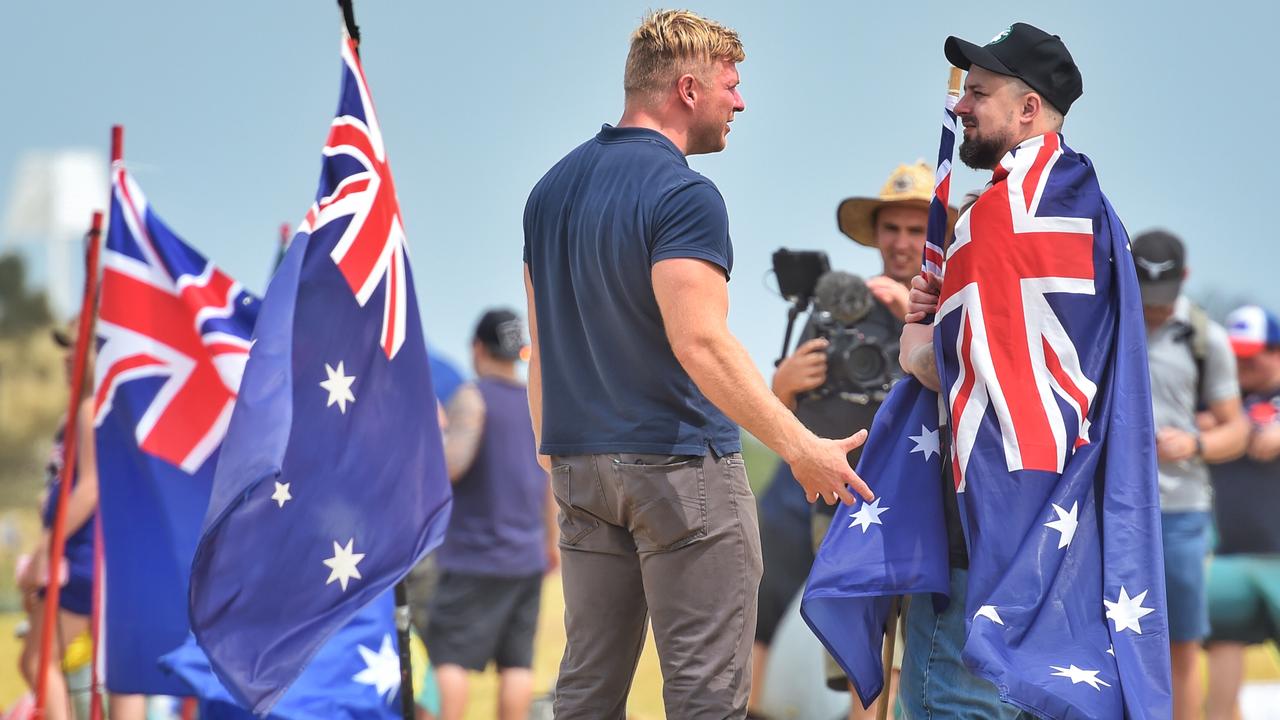 Blair Cottrell and Neil Erikson at a rally held by the United Patriots Front and True Blue Crew. Picture: Tony Gough