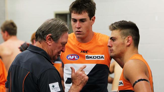 A fresh-faced Jeremy Cameron before his debut, speaking with Kevin Sheedy and Stephen Coniglio.