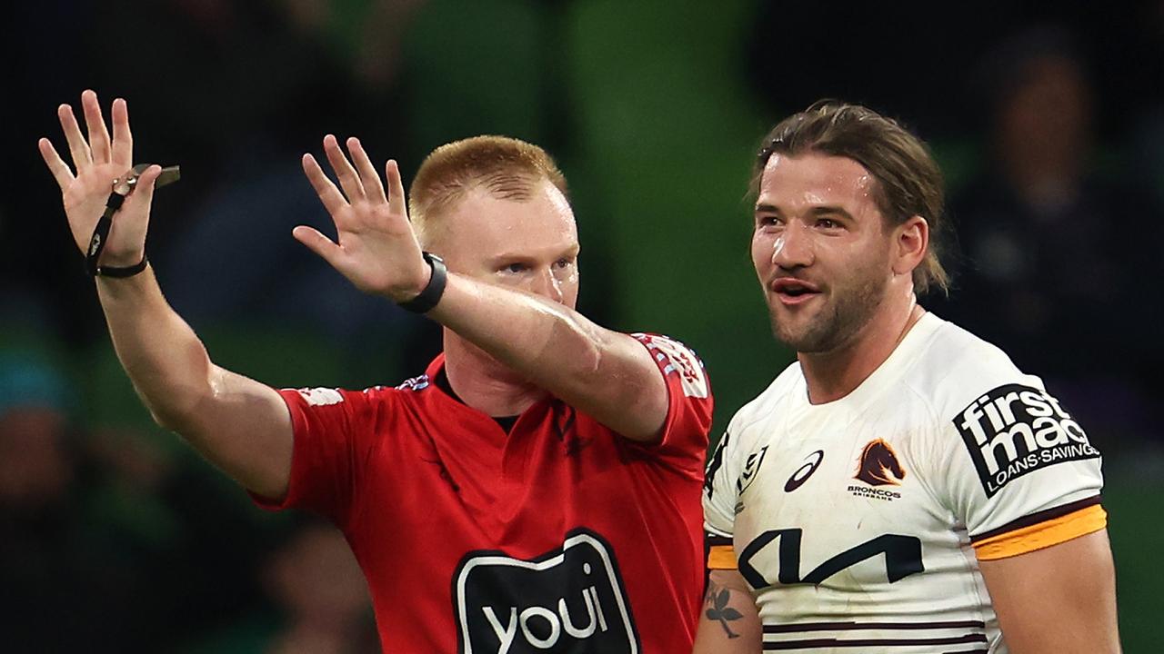 Referee Todd Smith sends Patrick Carrigan to the sin-bin. (Photo by Robert Cianflone/Getty Images)