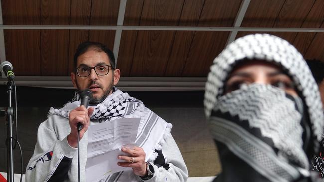 Speakers at the pro-Palestine rally in Melbourne. Picture: Valeriu Campan