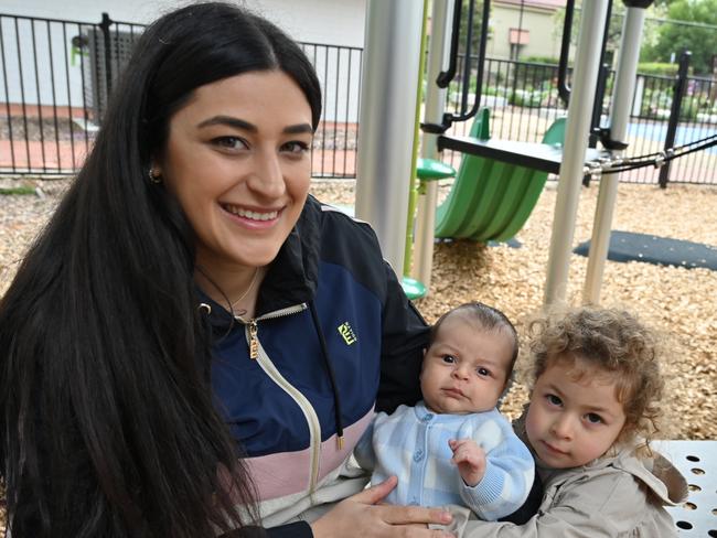 Torrensville Mum Kydonia Canino with Katerina, two, and Gianni, eight weeks .Picture: Belinda Willis,