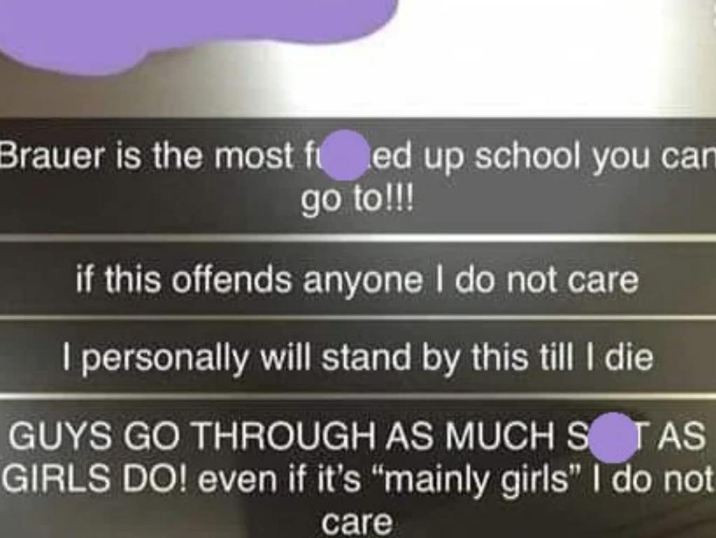 A Snapchat message understood to be from male student at the school. Picture: Supplied