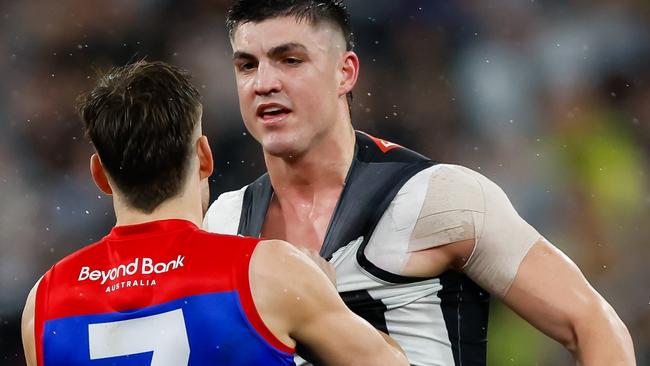 Jack Viney and Brayden Maynard clash after Angus Brayshaw was knocked out. Picture: Dylan Burns/AFL Photos via Getty Images