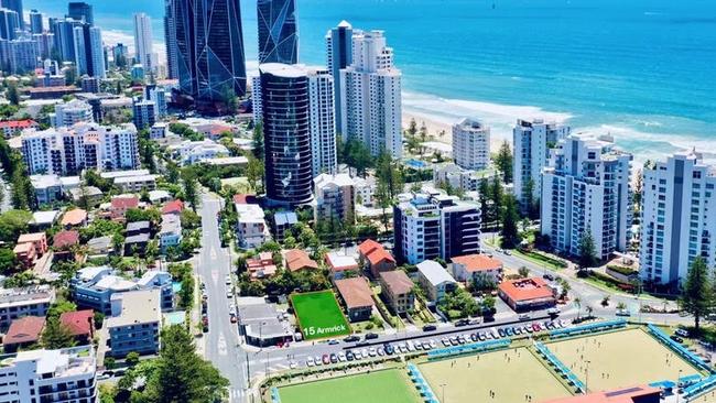 Morris Property has purchased 15 Armrick Ave, Broadbeach (green) and neighbouring number 13, the site of an existing apartment building (brown).