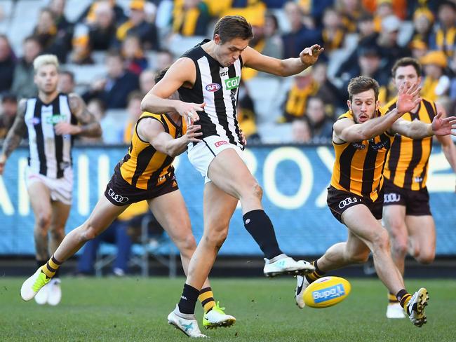 Darcy Moore kicked a goal, but struggled with hamstring tightness later in the game. Picture: Getty Images