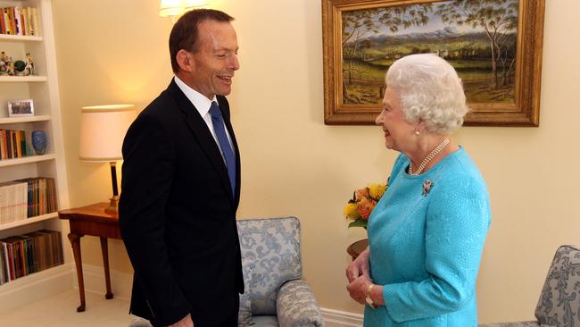 Queen Elizabeth II meets then Opposition Leader Tony Abbott at Government House in Canberra on October 21, 2011.