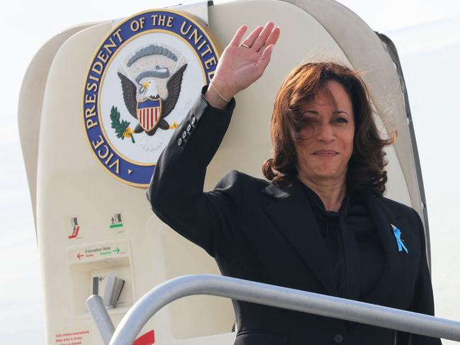 Vice President Kamala Harris waves after she prepares to depart from LaGuardia Airport. Picture: AFP