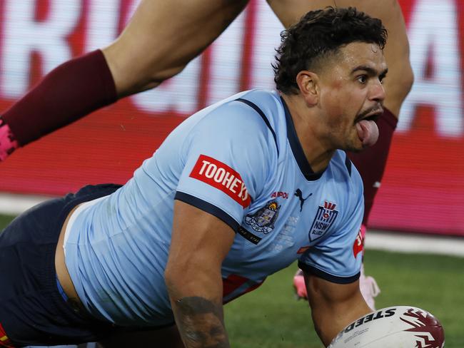 MELBOURNE, AUSTRALIAÃ June 26 , 2024.  NRL State of Origin. Qld Maroons vs NSW Blues at the MCG.   Latrell Mitchell of the Blues celebrates his 1st half try   . Pic: Michael Klein