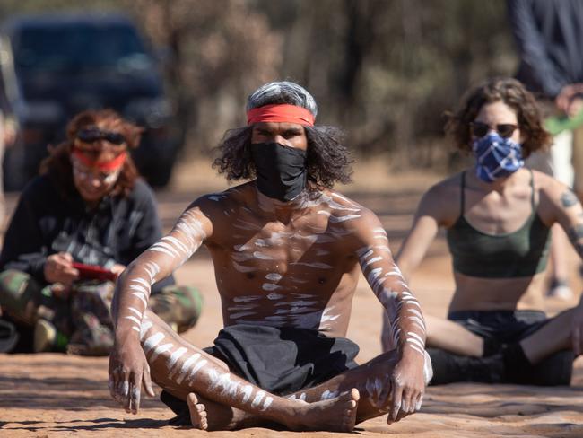 Wangan and Jagalingou tribal people block access to the Adani Carmichael Coal Mine on Monday, August 24, 2020.