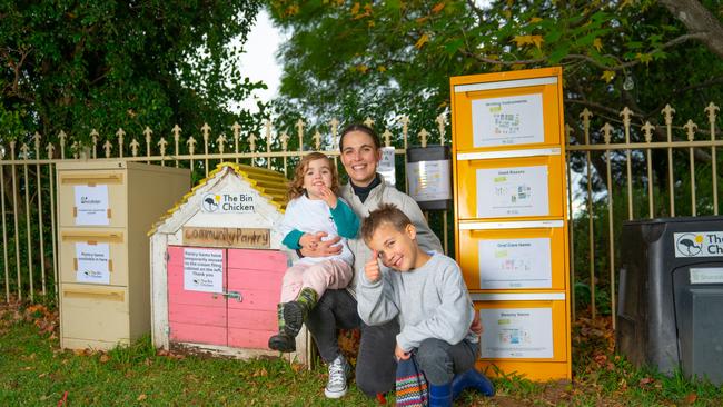 Alexis Bowen with her children Margot and Logan who are behind the Bin Chicken initiative.