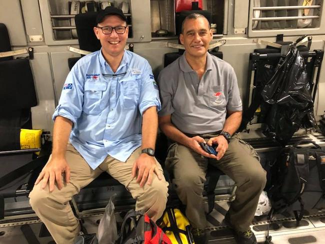 Thailand cave diving hero Dr Richard Harris sitting in the back of an RAAF C17 on the way back to Australia with Craig Challen. Picture: Facebook