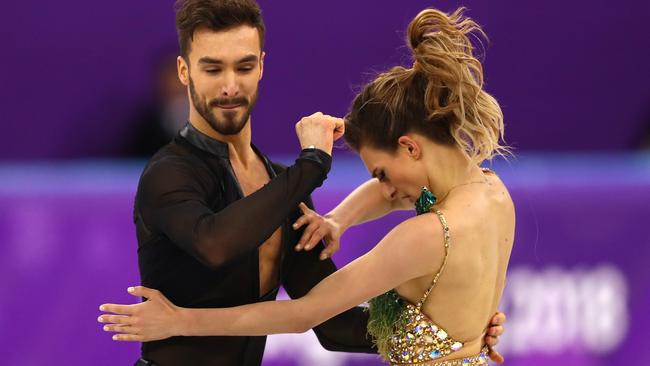 Papadakis’ collar of her costume came off, partially exposing her, at the 2018 Winter Olympics. Picture: Dean Mouhtaropoulos/Getty Images