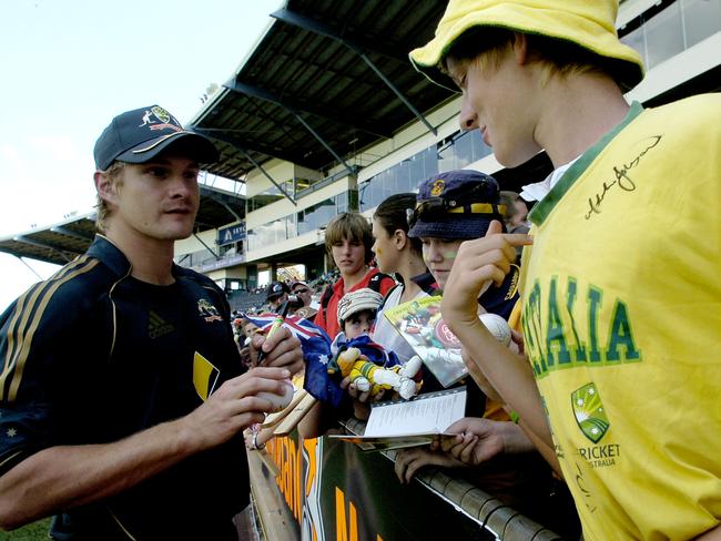 Former Australian star allrounder Shane Watson pictured meeting fans during a one-dayer against Bangladesh at Marrara in 2008