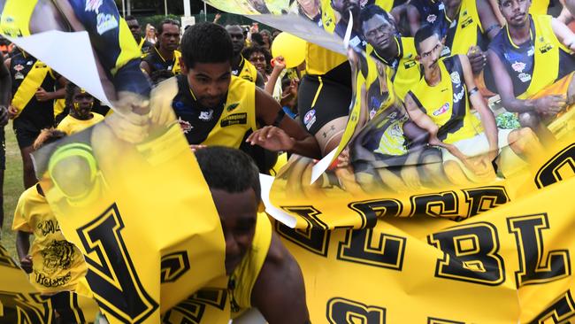 Tigers roar through banner for Tiwi Grandfinal 2022. Picture: (A)manda Parkinson