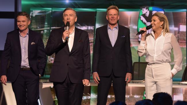 Dave Hughes, Eddie McGuire, Sam Newman and Rebecca Maddern on the Footy Show. Picture: AAP Images