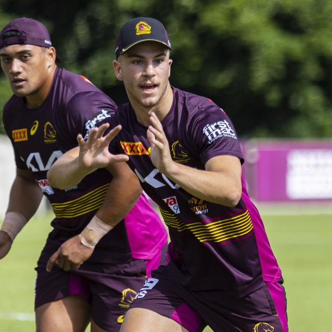 Promising young hooker Blake Mozer training with the Broncos. Picture: Katarina Prosser