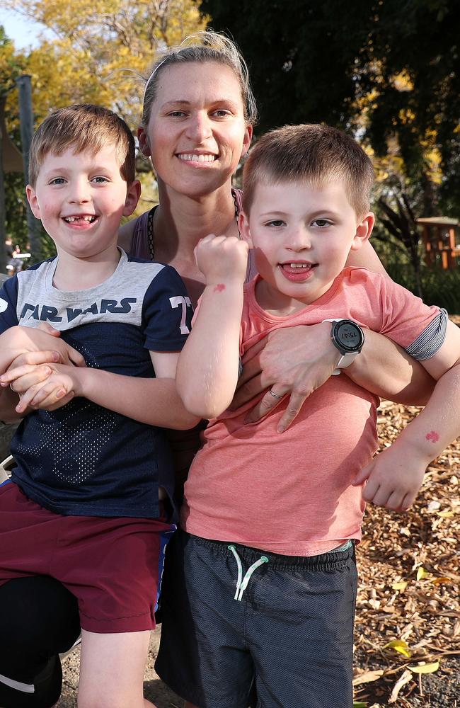 Naomi, Joseph, 6, and Charlie, 5, Quinn posing at Queens Park, Ipswich, 19th of August 2019. Picture: Josh Woning