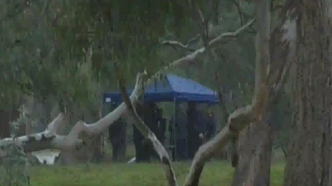 A police tent near the scene of the shootings.