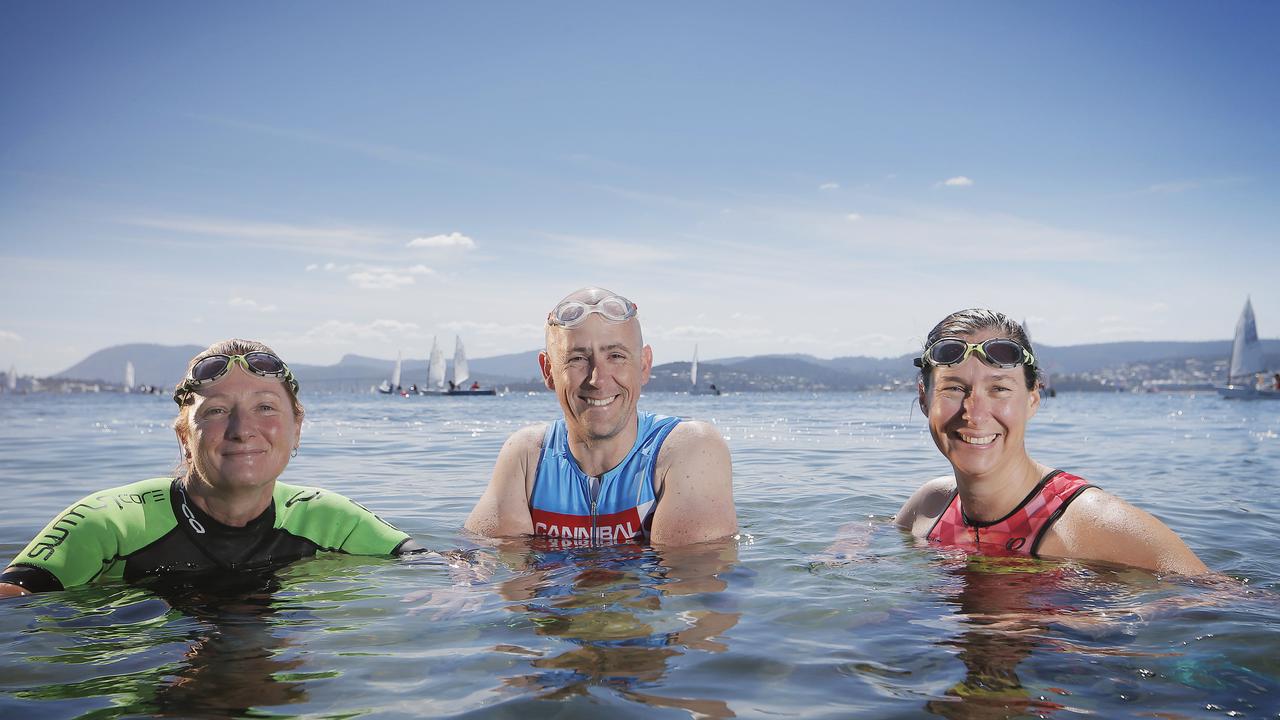 <p>Swimrun competitors Jo Cook, left, Michael Lavendar and Sarah Fitzgerald, March, 2019. Picture: MATHEW FARRELL</p>