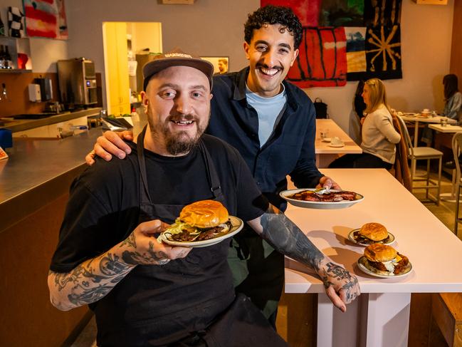 Jumbo, in Exchange Place, opened last week and sold out of burgers, co-owners Jimmy Garside (chef) and Saba Maghsoudi, on July 19th, 2024, in Adelaide.Picture: Tom Huntley