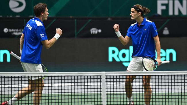 France’s Nicolas Mahut (left) and Pierre-Hugues Herbert are one of the world’s best doubles combinations but won’t win a second Australian Open title together next month. Picture: AFP