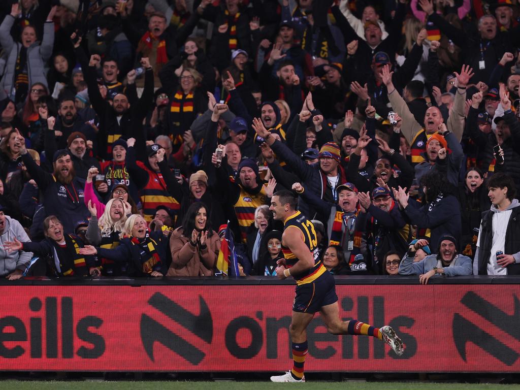 Taylor Walker of the Crows celebrates a goal during the 2023 AFL Round 20 match between the Adelaide Crows and the Port Adelaide Power at Adelaide Oval. Picture: Getty Images