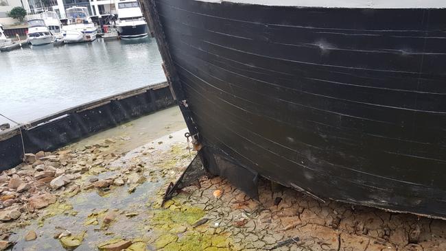 Dirty water, cracked mud and rubbish around the Buffalo restaurant in Glenelg North. Picture: Cathryn McLauchlan