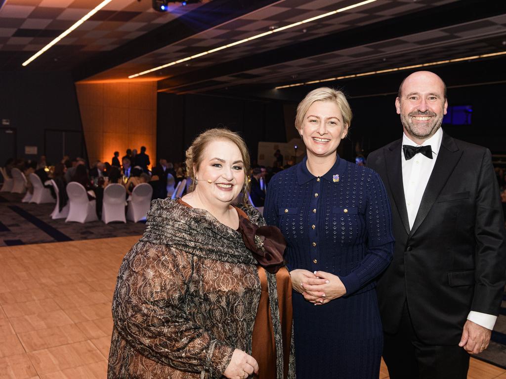 Disability Services Minister Amanda Camm (centre) with event MC Kim Stokes and Anthony Oostenbroek at the Business disAbility Awards of Australia at Edmund Rice Cultural Centre, Saturday, May 17, 2025. Picture: Kevin Farmer